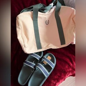 Pink Canvas Tote Bag with Green Accents and slides